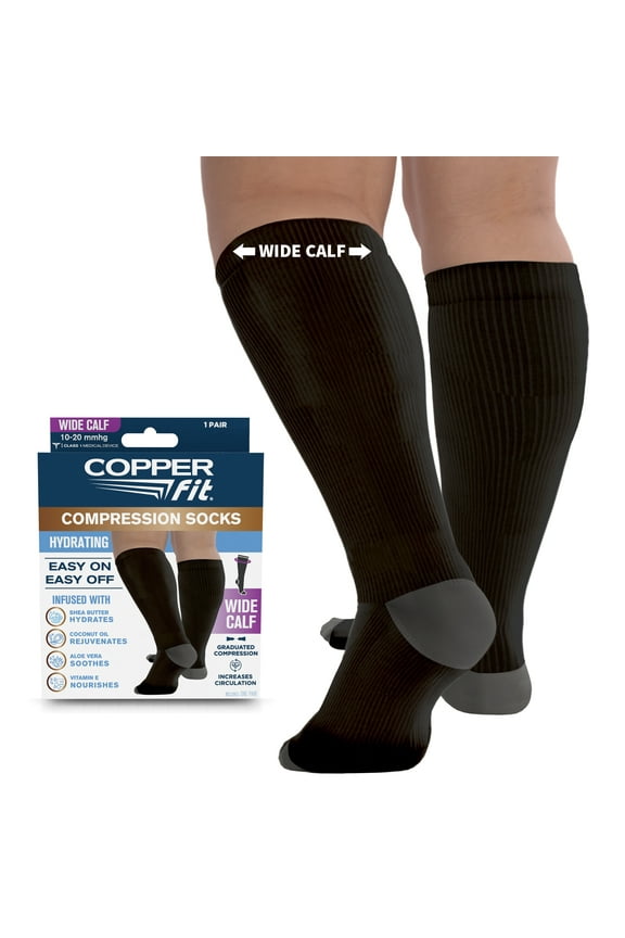 Compression Socks, Wide Calf, Silky-Soft, Hydrating, Unisex, Black, L/XL