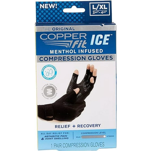 Copper Fit Ice Compression Gloves Infused with Menthol, Black, Large