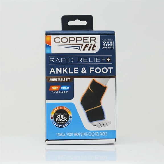 Copper Fit Rapid Relief Ankle & Foot Wrap with Hot/Cold Pack, Black, One Size