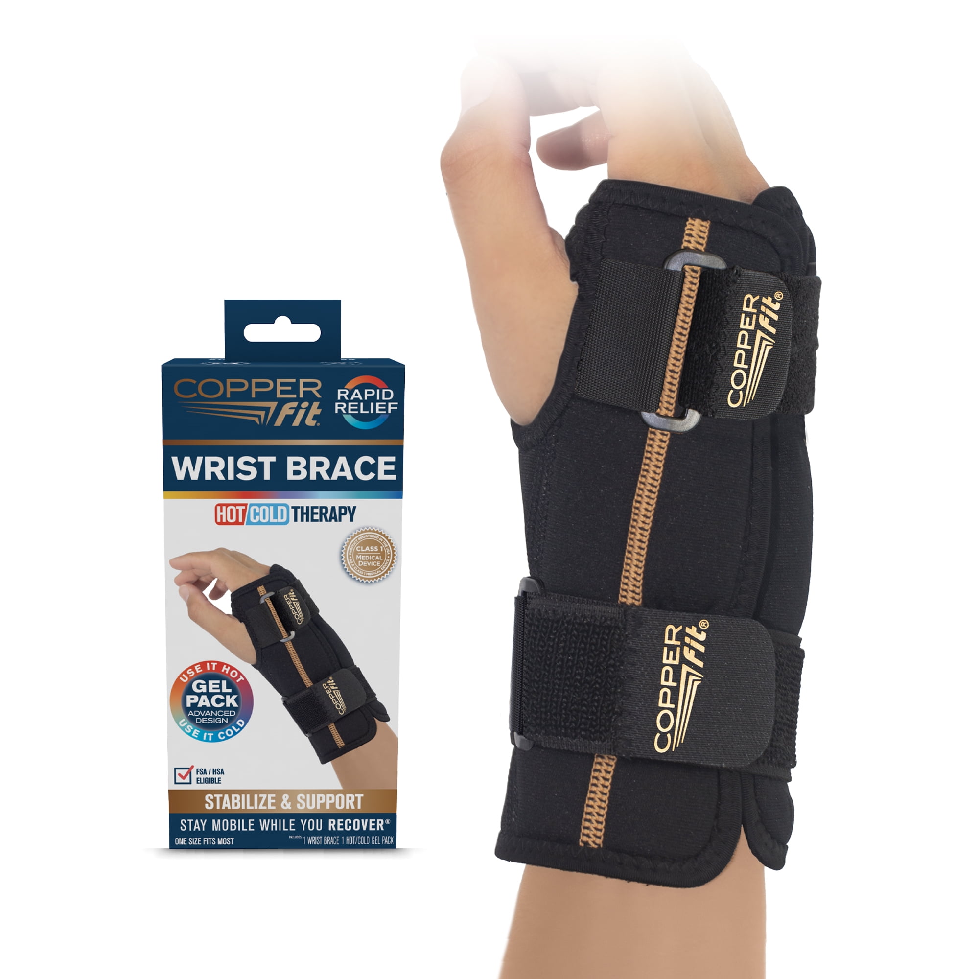 Copper Fit RAPID RELIEF Wrist Brace | Hot & Cold Gel Pack | Adjustable | Left or Right Wrist