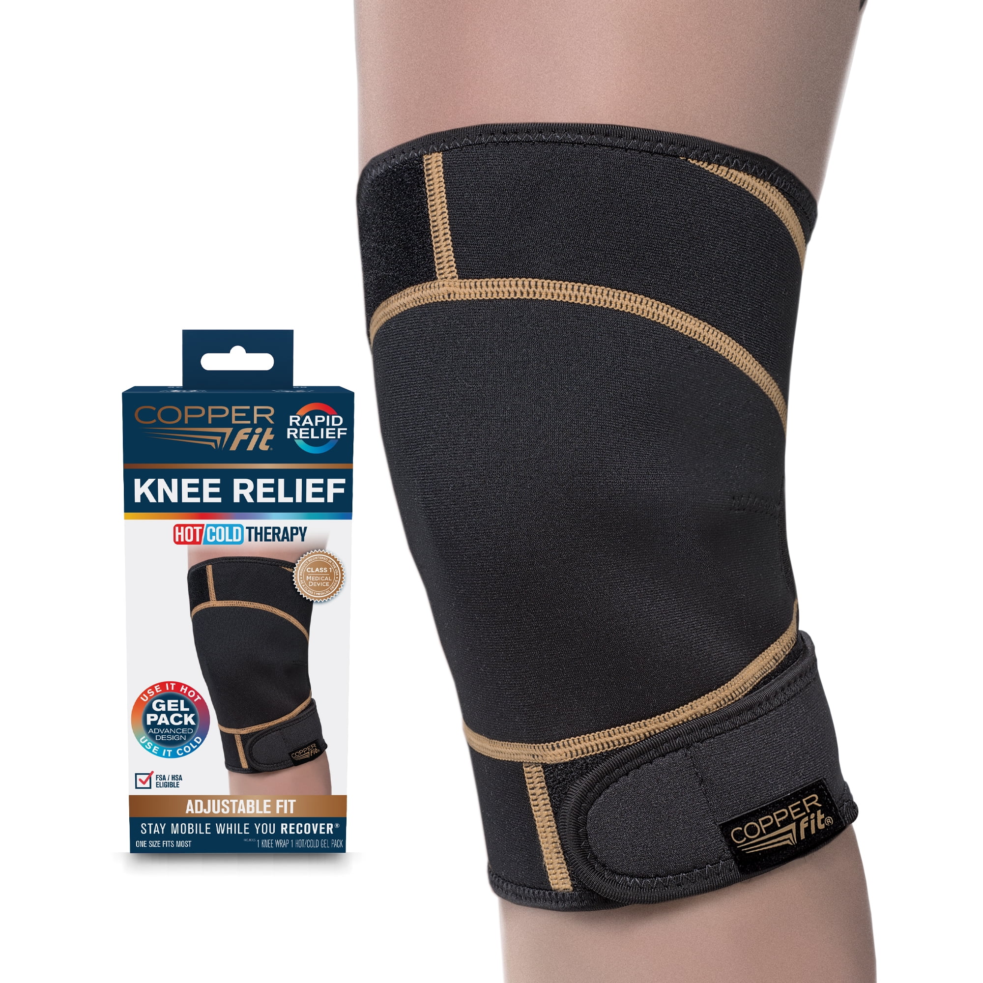 Copper Fit RAPID RELIEF Knee Wrap | Adjustable | Hot & Cold Therapy Gel Pack