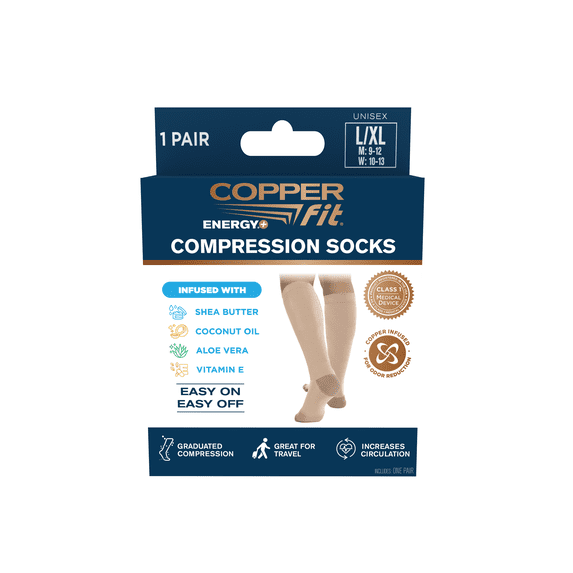 Copper Fit® Hydro Soft Compression Socks Infused with Shea Butter, Coconut Oil, Aloe Vera, & Vitamin E, Beige, L/XL