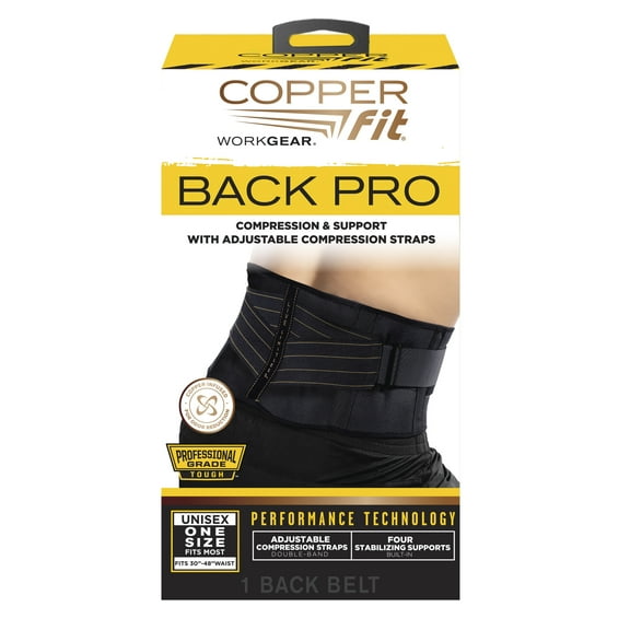 Copper Fit Work Gear Back Support Belt Pro, Compression, Support, Adjustable Straps, Black, One Size