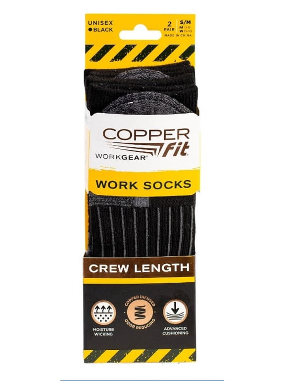Work Gear Work Socks, Crew Length with Advanced Cushioning, Black, 2-Pack, Small/Medium