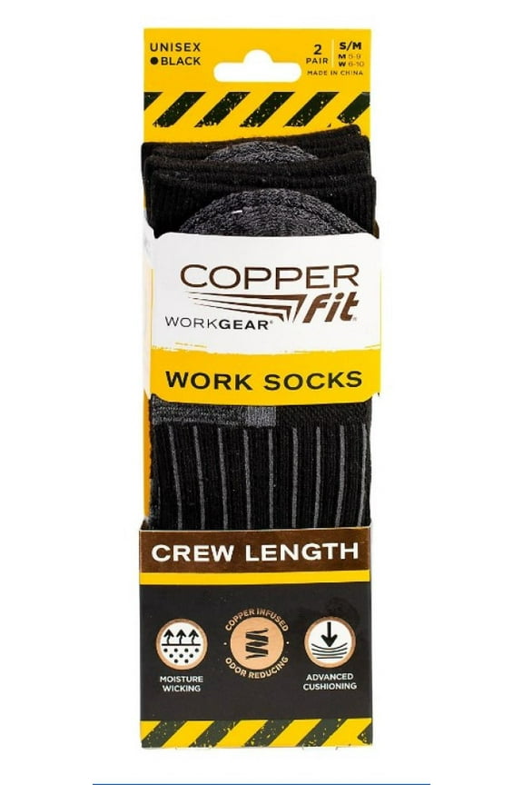 Work Gear Work Socks, Crew Length with Advanced Cushioning, Black, 2-Pack, Small/Medium