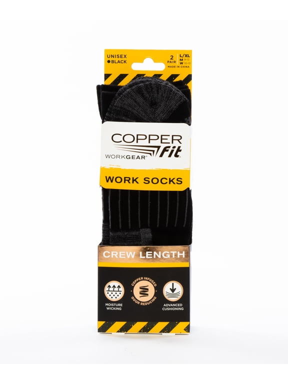 Work Gear Work Socks, Crew Length with Advanced Cushioning, Black, L/XL
