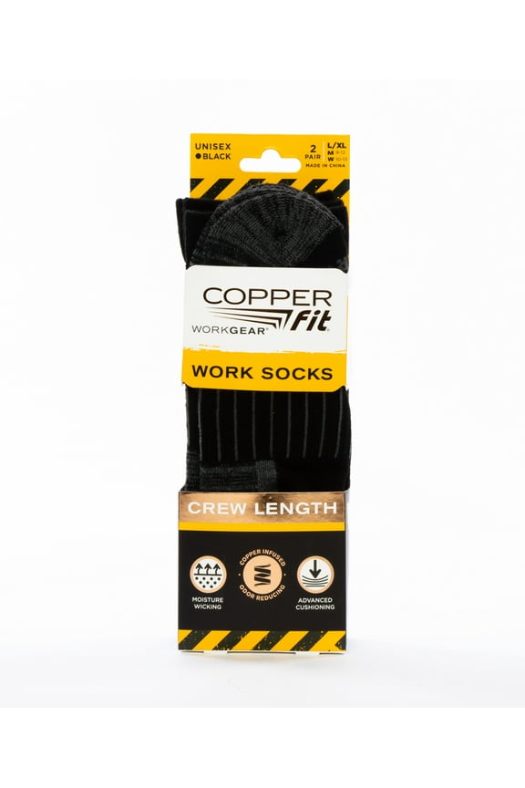 Work Gear Work Socks, Crew Length with Advanced Cushioning, Black, L/XL