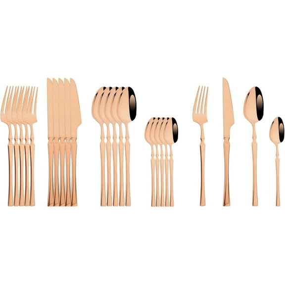 Copper Flatware Set for 6, 24pices Stainless Steel Cutlery Silverware Set Basics Tableware with Flat Handle, Mirror, Dishwasher Safe - Rose Gold