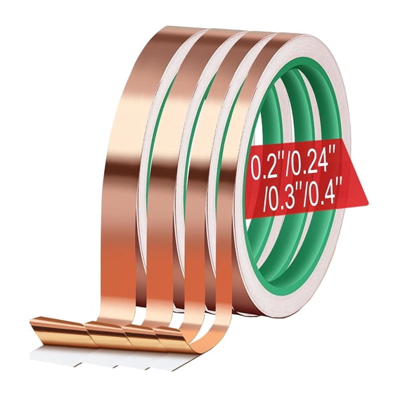 Copper Foil Tape for Stained Glass Assorted Sizes 0.2/0.24/0.3/0.4Inch x 22Yards 4 Rolls Conductive Adhesive Foil Sheilding Tape for Guitars, EMI, Electrical Repairs