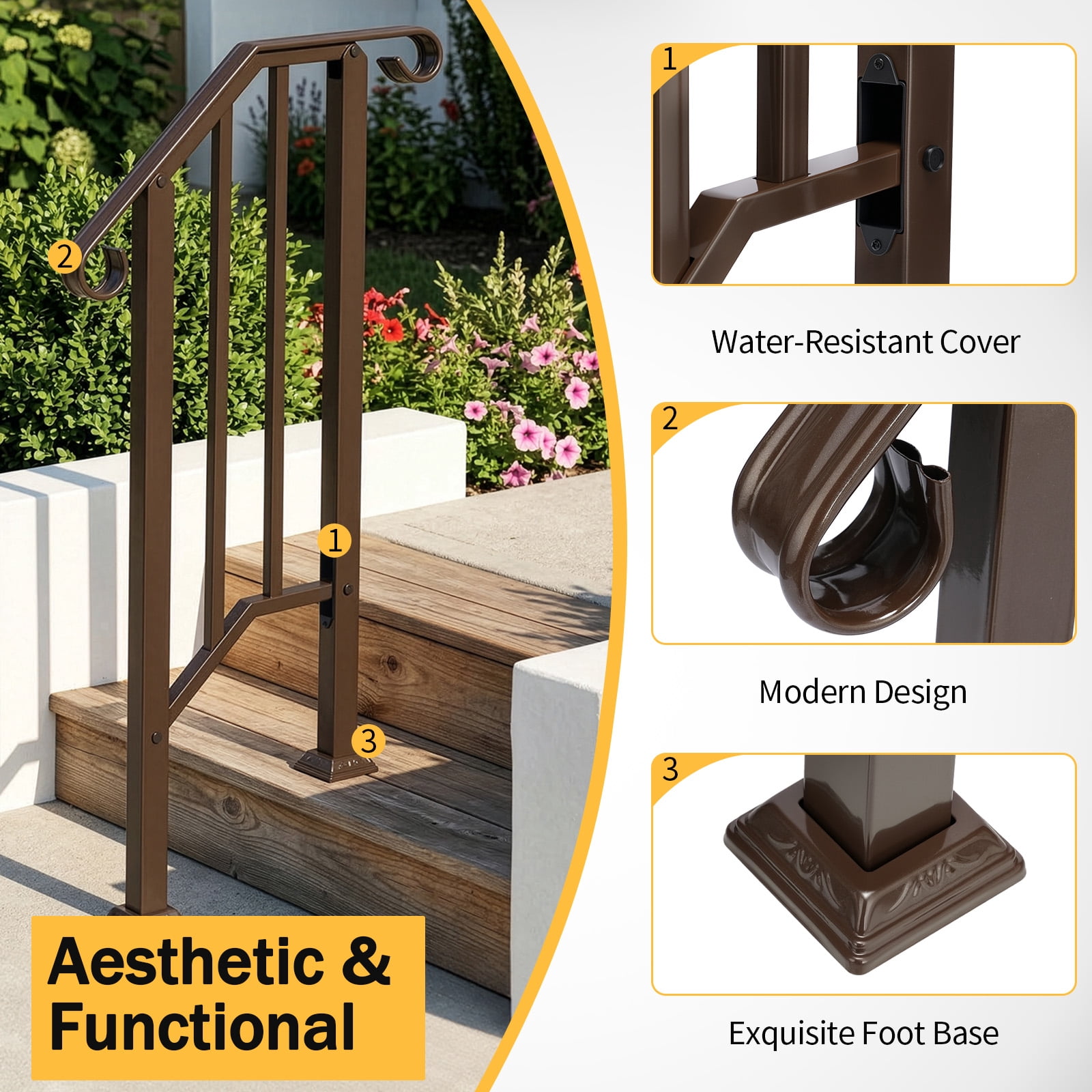 Copper Galvanized Iron Single Step Outdoor Stair Handrail Weather Resistant Anti-Rust Porch Safety Step Railing With Full Installation Hardware
