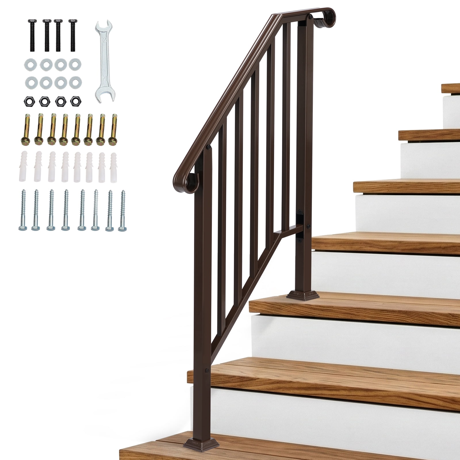 Copper Galvanized Iron Stair Handrail Curved Step Railing Fit 2-3 Steps Outdoor Garden Steps Rust Resistant Powder Coated Safety Picket Rail With Mounting Hardware