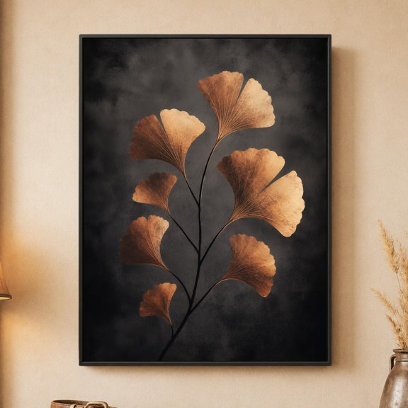 Copper Ginkgo Leaf Dark Botanical Minimalist Metallic Nature Wall Art Poster