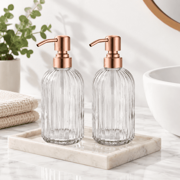 Copper Glass Soap & Lotion Dispenser 2-Pack, 16oz Capacity with Stainless Steel Pump