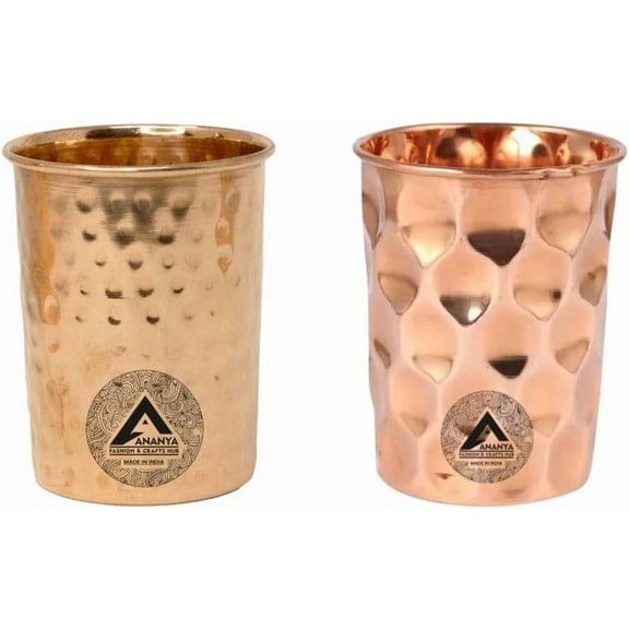 Copper Glasses Drinking Water Set of 2 Ayurvedic Health Tumblers Copper Cups 10.14 Oz (300 ml) Hammered Diamond