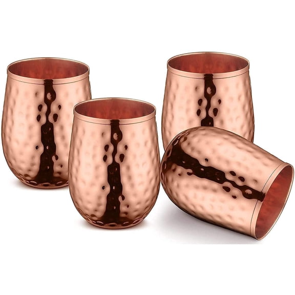 Copper Glasses Set of 4 Pure Copper 17 oz Stemless Tumblers, Insulated & Reusable for Moscow Mule & Beverages