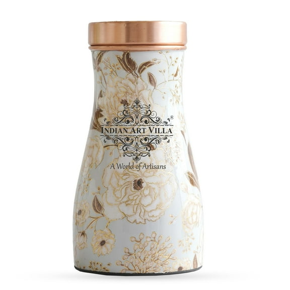 Copper Gold Flower Print Copper Bedroom Bottle,950 ML, Hand Made, Copper Bottle, Drinkware, Multi Colour