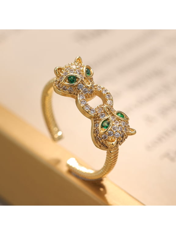 Copper Gold-Plated Leopard Head Open Ring with Micro-Pave Zirconia - Fashion Hip Hop Unisex Statement Jewelry