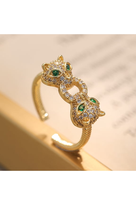 Copper Gold-Plated Leopard Head Open Ring with Micro-Pave Zirconia - Fashion Hip Hop Unisex Statement Jewelry
