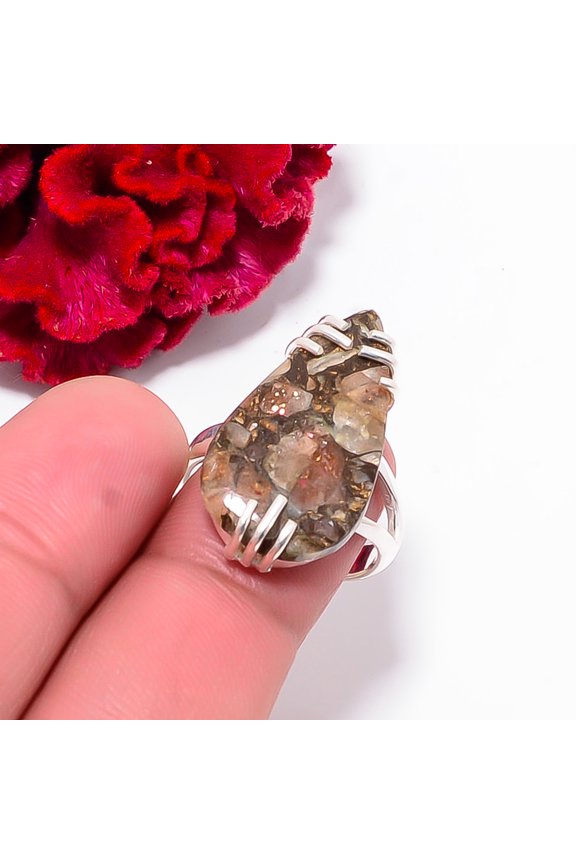 Copper Golden Sunstone - Madagascar 925 Sterling Silver Ring S.8 R102571, Christmas Gift