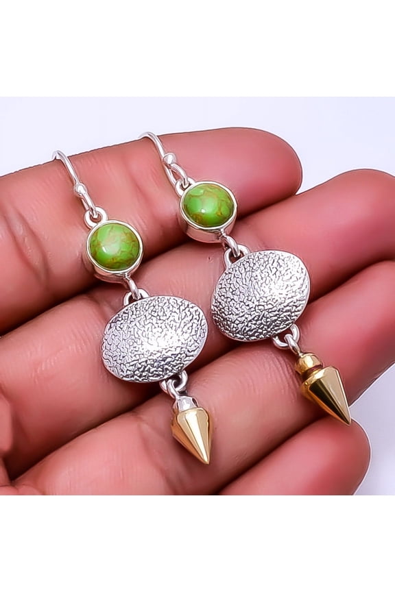 Copper Green Turquoise 925 Sterling Silver Two Tone Arrow Head Earring 2.34" E27, Beautiful Jewelry For Woman, New Year Sale, Valentin's Day Gift