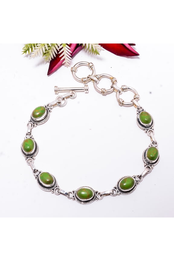 Copper Green Turquoise 925 Sterling Silver Adjustable Bracelet 8.99" B83420, Christmas Gift