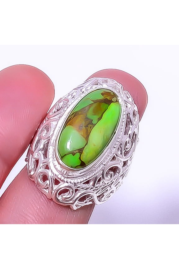 Copper Green Turquoise 925 Sterling Silver Bali Ring s.6.5 R7466-14, Christmas Gift, Gemstone Silver Jewelry, Turquoise Ring, New Year Sale