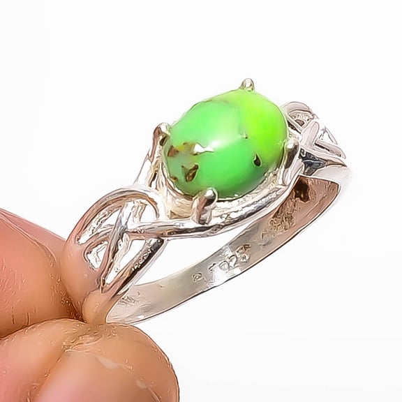 Copper Green Turquoise 925 Sterling Silver Solitaire Ring s.6.5 R645-13, Gemstone Silver Jewelry, New Year Sale, Valentin's Day Gift