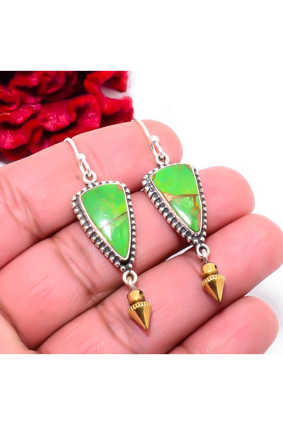 Copper Green Turquoise 925 Sterling Silver Two Tone Arrow Head Earring 2.03" S31, Handmade Jewelry, Dangle Earring