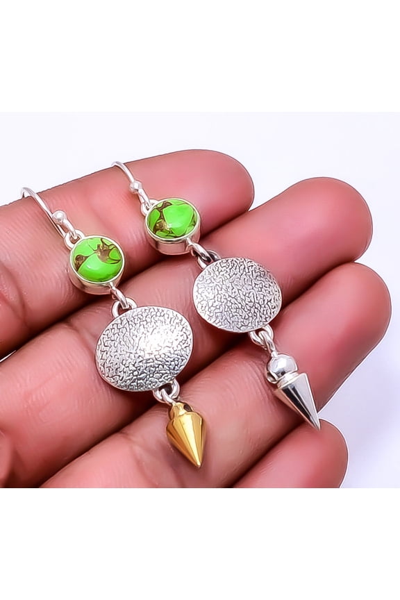 Copper Green Turquoise 925 Sterling Silver Two Tone Arrow Head Earring 2.34" E55, Beautiful Jewelry For Woman, New Year Sale, Valentin's Day Gift