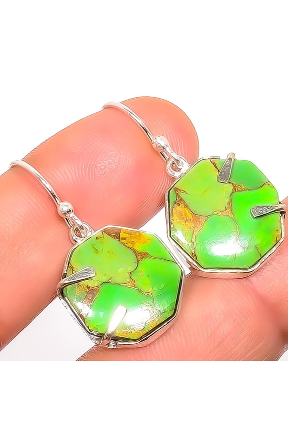Copper Green Turquoise - Arizona Gemstone 925 Silver Plated Earring 1.17" A370, Valentine's Day Gift, Birthday Gift, Beautiful Jewelry For Woman