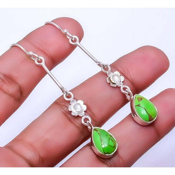 Copper Green Turquoise Designer Handmade 925 Sterling Silver Earring 2.38" E48, Gemstone Silver Jewelry, New Year Sale, Valentin's Day Gift