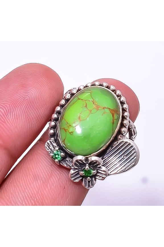 Copper Green Turquoise & Emerald Oxidised Flower Designer 925 Silver Plated Ring s.8, Green Copper Green Turquoise Ring R_9365_307_30