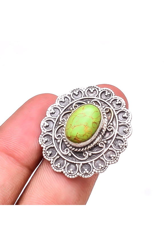 Copper Green Turquoise Handmade Oxidised 925 Sterling Silver Ring S.7 R2