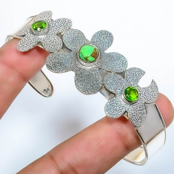 Copper Green Turquoise & Peridot 925 Sterling Silver Cuff Adst. T4, Gemstone Jewelry, Birthday Gift, Christmas Gift