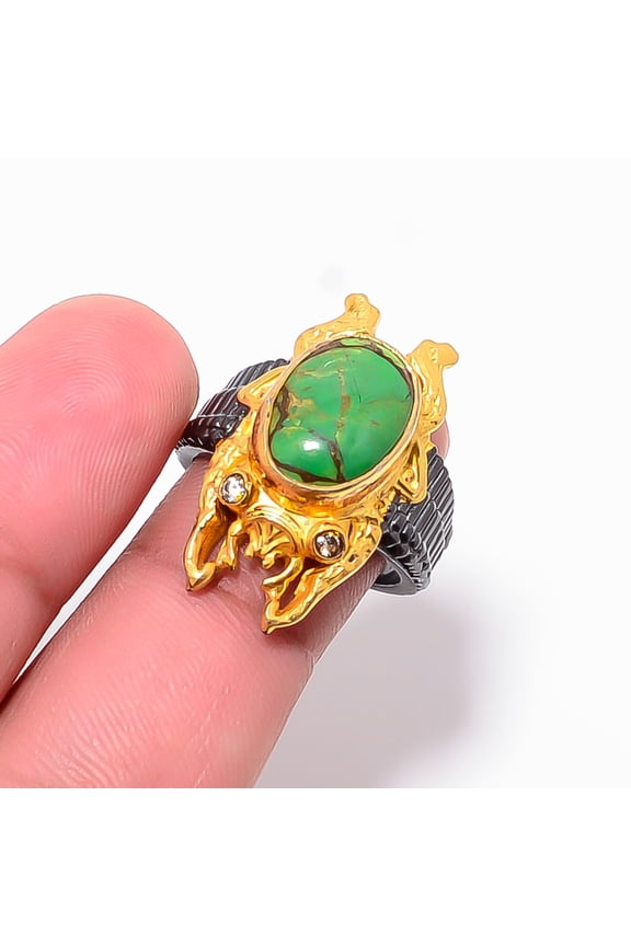 Copper Green Turquoise & White Topaz 925 Sterling Silver Frog Ring S.8 R87526, Christmas Gift