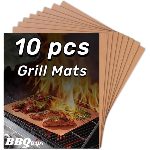 Copper Grill Mats for Outdoor Grill (10 Pack) - Non Stick Reusable Grill Sheets & BBQ Accessories - Easy to Clean Cooking Liners for Gas, Charcoal, Electric - 15.75 x 13 Inch Copper Color
