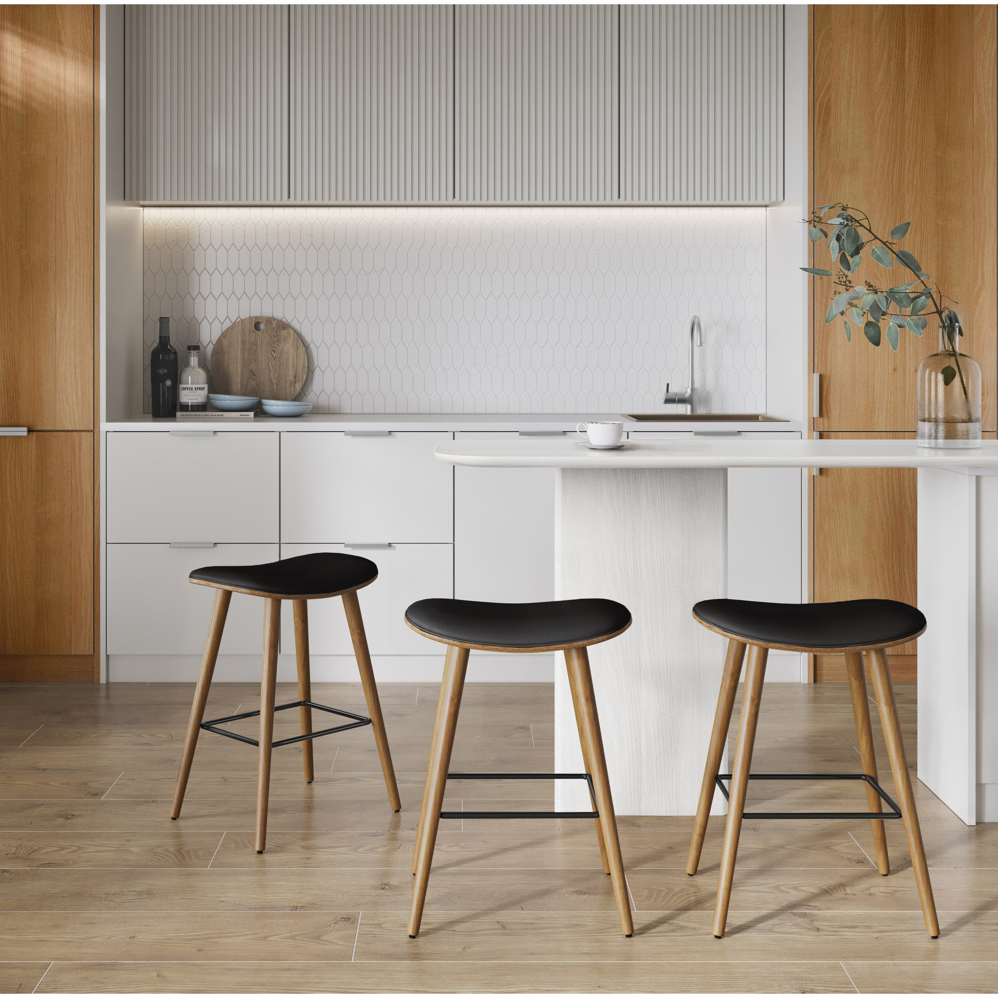 Set of 2 Black Saddle Counter Stools with Wood Legs