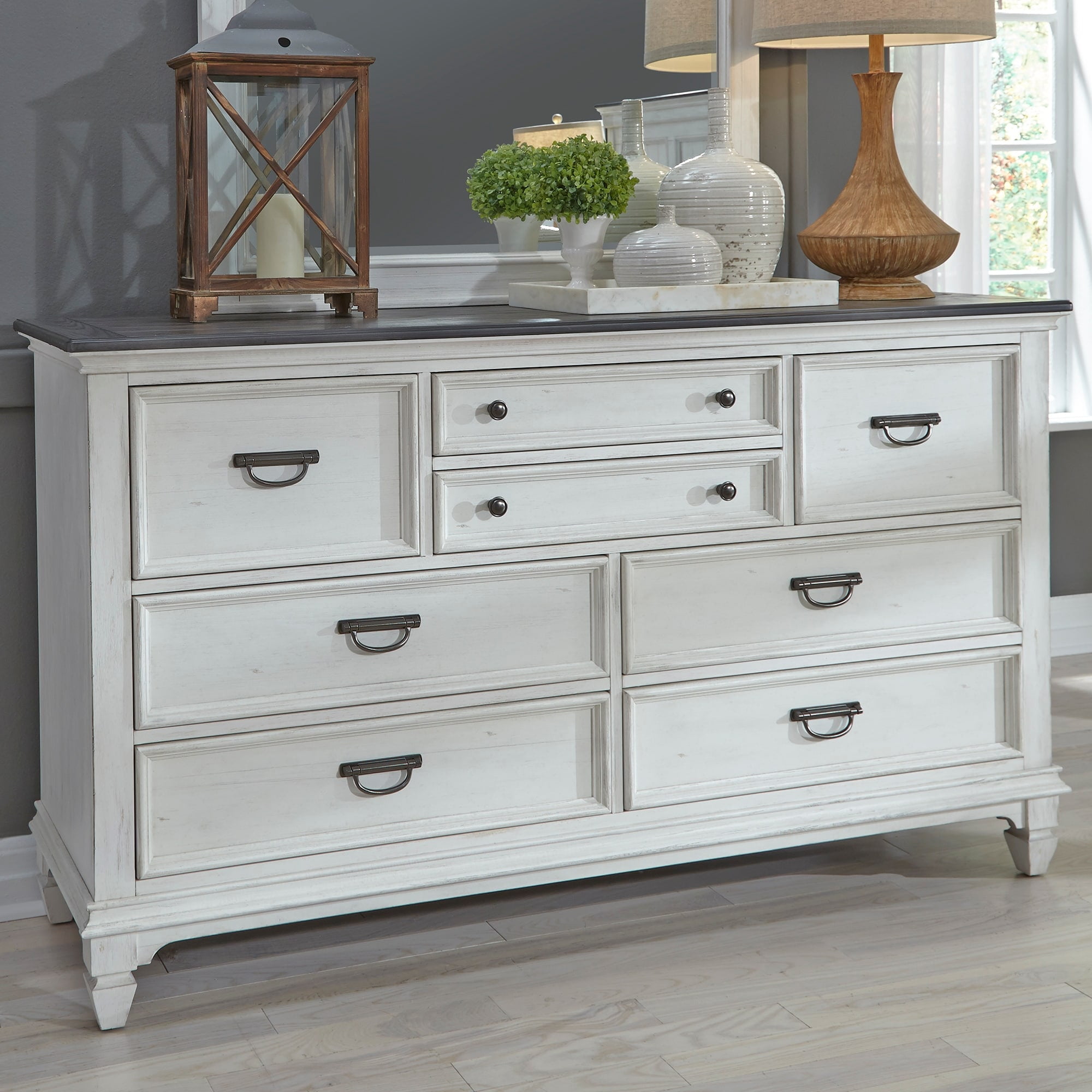 Wirebrushed White Cottage 8-Drawer Dresser with Charcoal Top