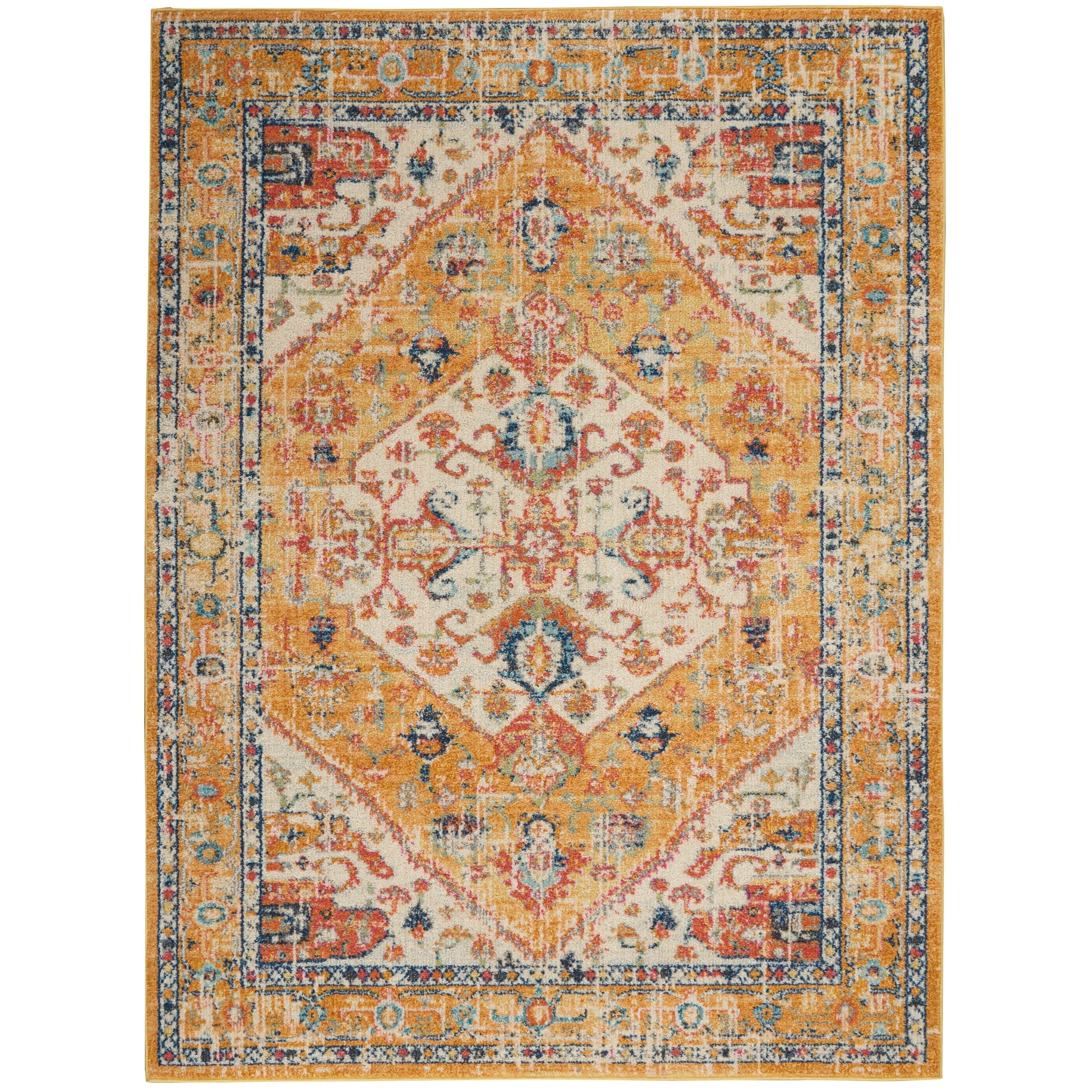 Ivory and Yellow Floral Synthetic Rectangular Area Rug, 5'3" x 7'3"