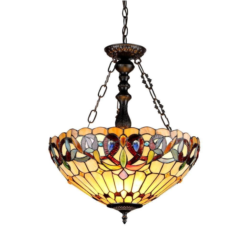 Victorian Bronze Tiffany Style Pendant Chandelier with Multicolor Glass