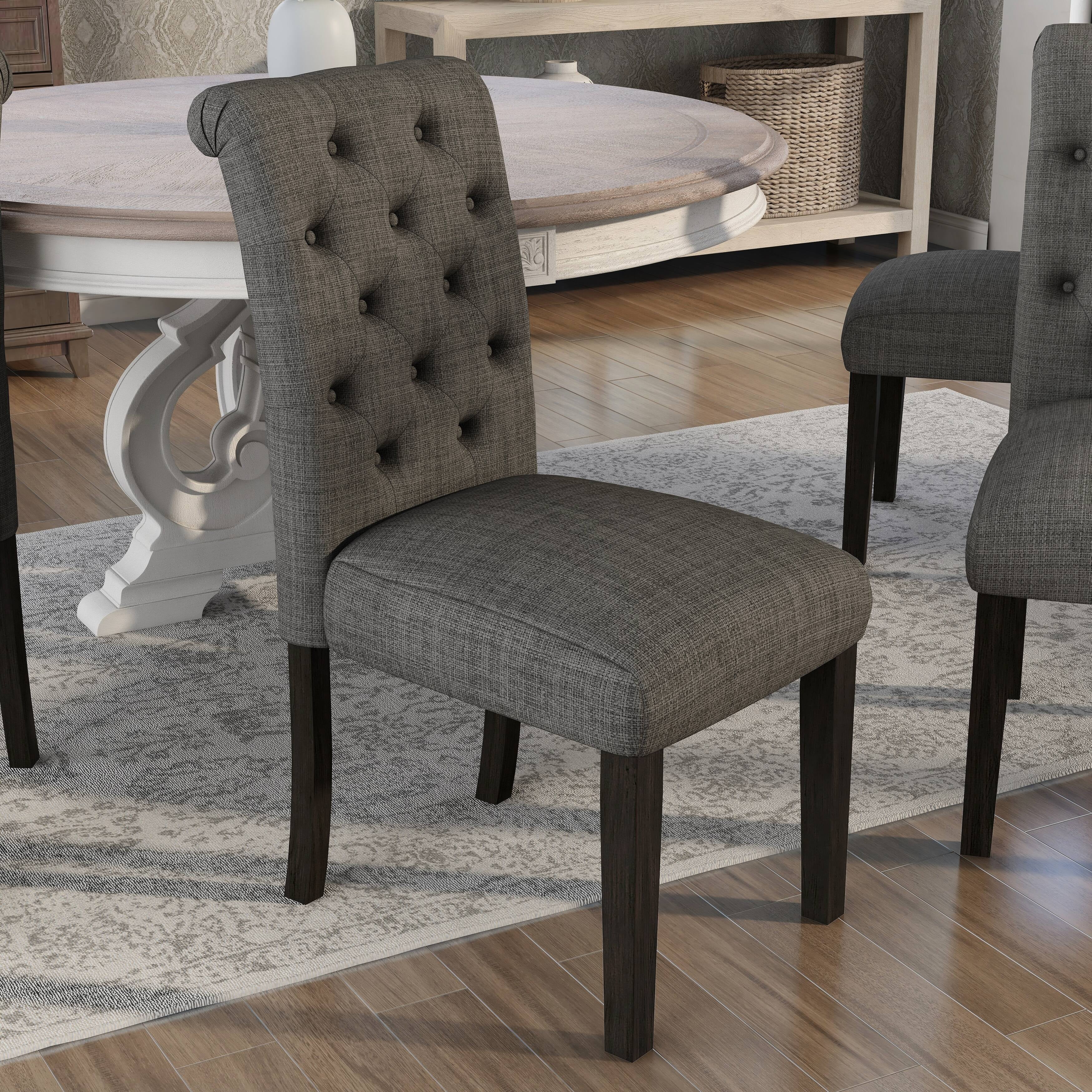 Gray Linen Upholstered Parsons Side Chair with Wood Legs