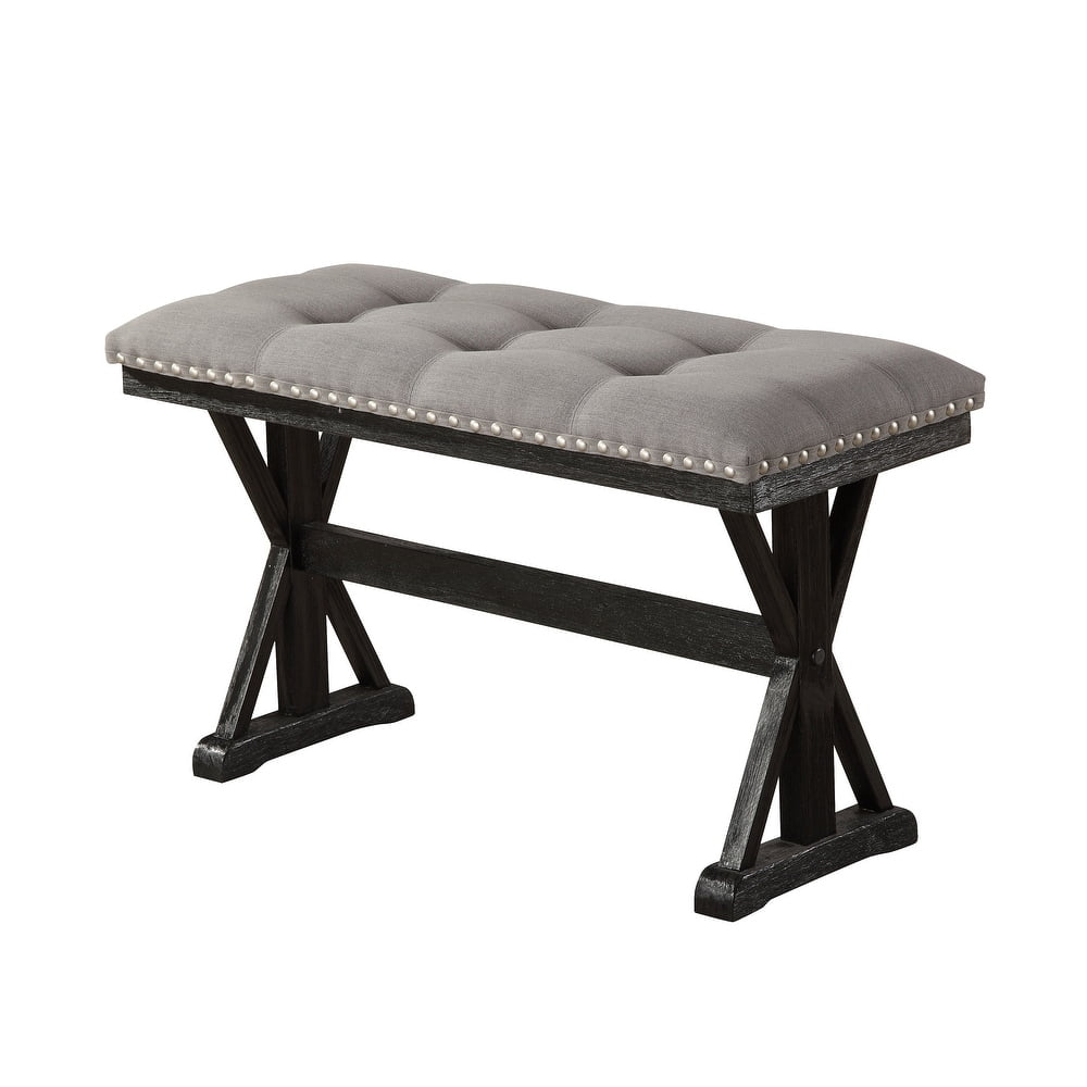 Gray Linen Upholstered Counterheight Bench with Black Base