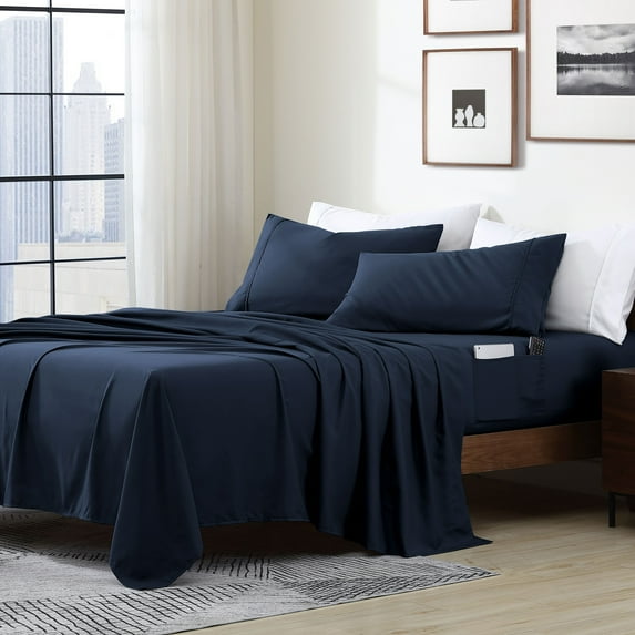 Swift Home Home Essential Soft Microfiber Smart Sheet Storage Pocket Bedding Sheet Set Navy Full