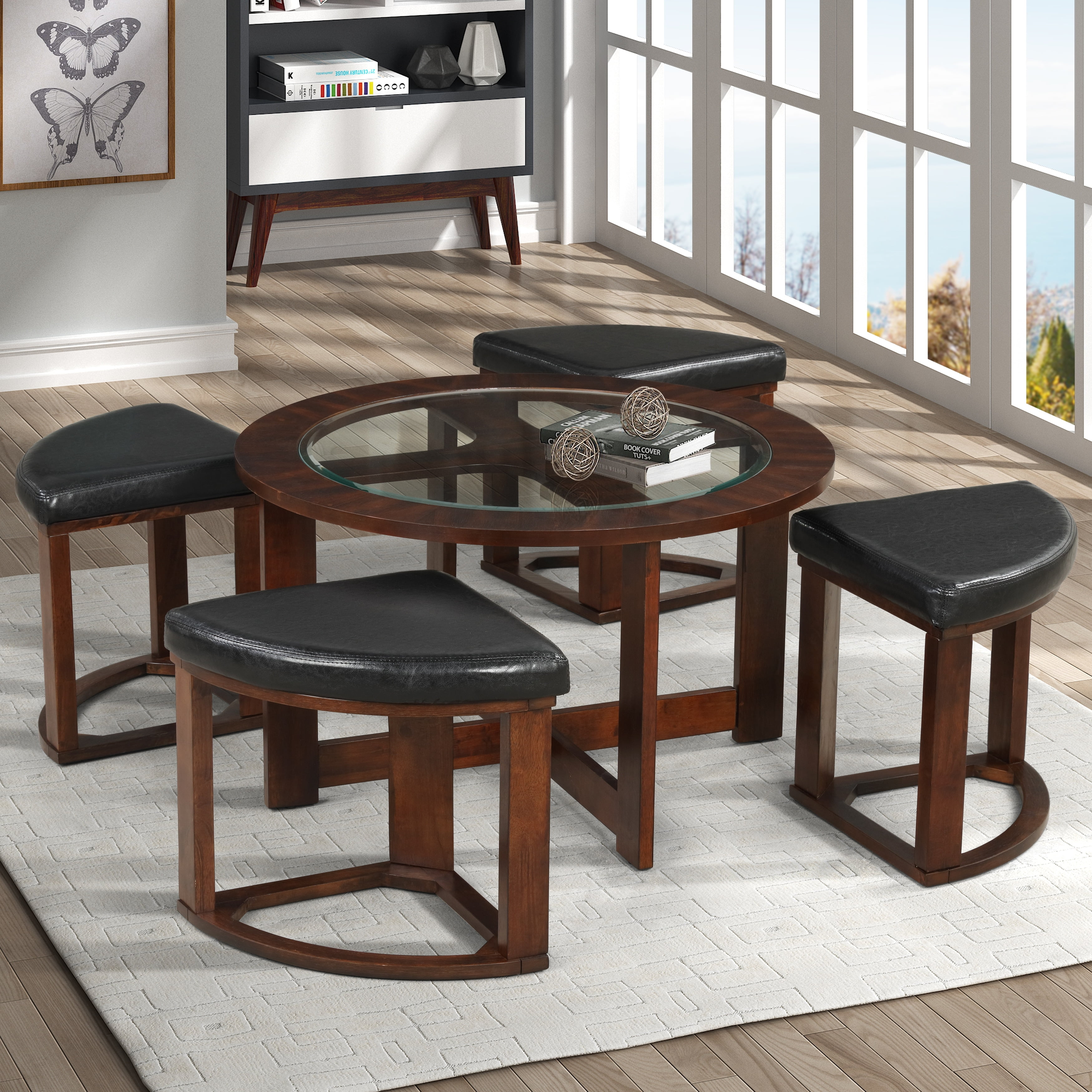 Espresso Solid Wood and Glass Coffee Table with Faux Leather Stools