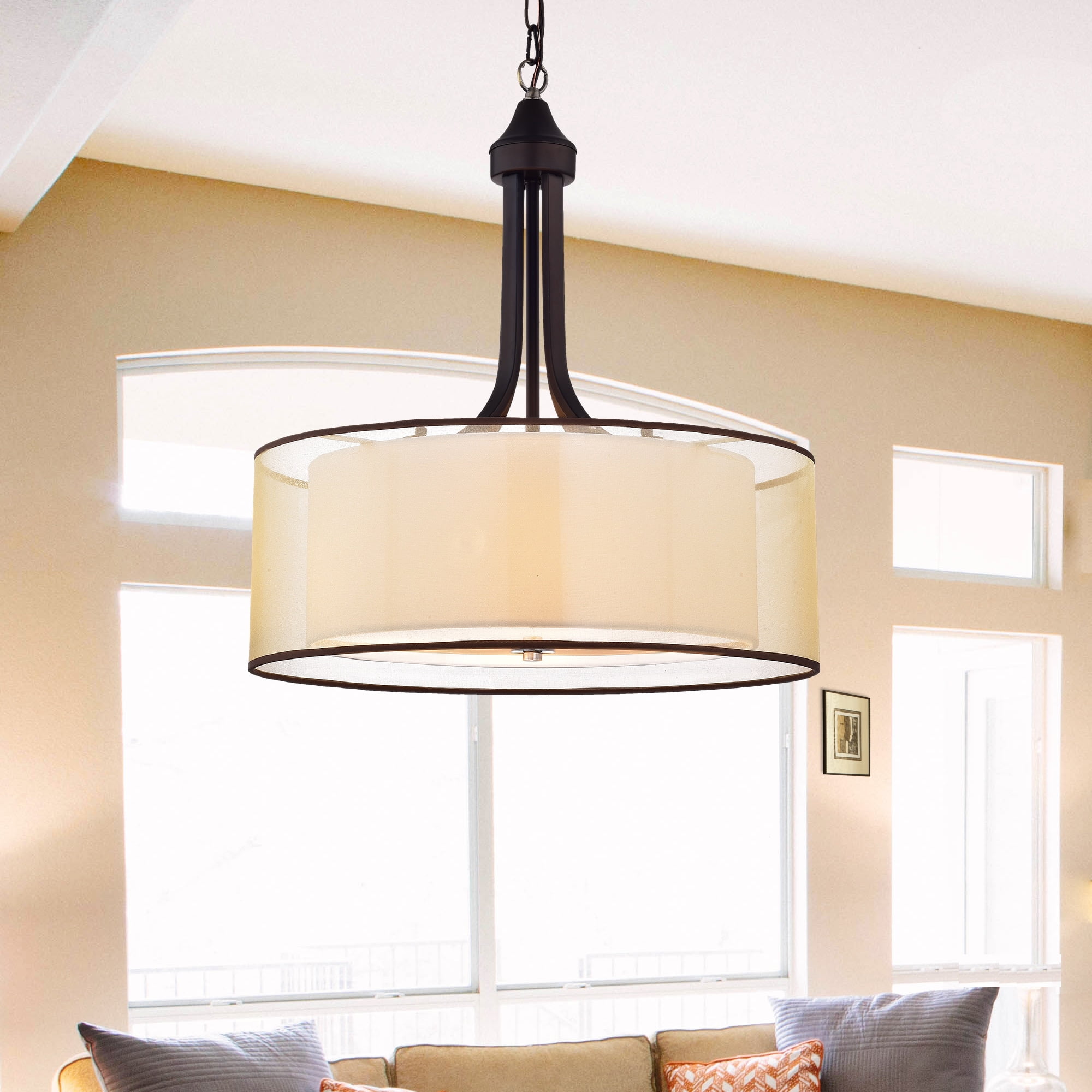 Antique Bronze Drum Pendant Chandelier with Off-White Fabric Shade