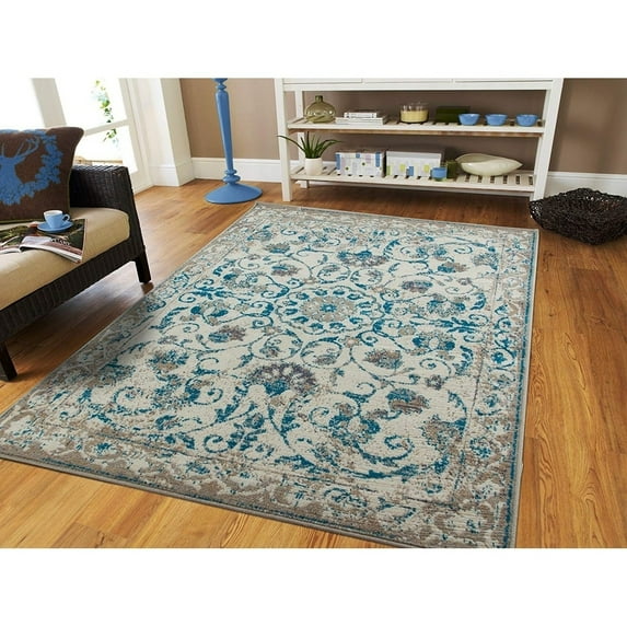 Copper Grove Vannes Modern Distressed Blue and Grey Floral Area Rug 2'x3' 2' x 3' Bathroom