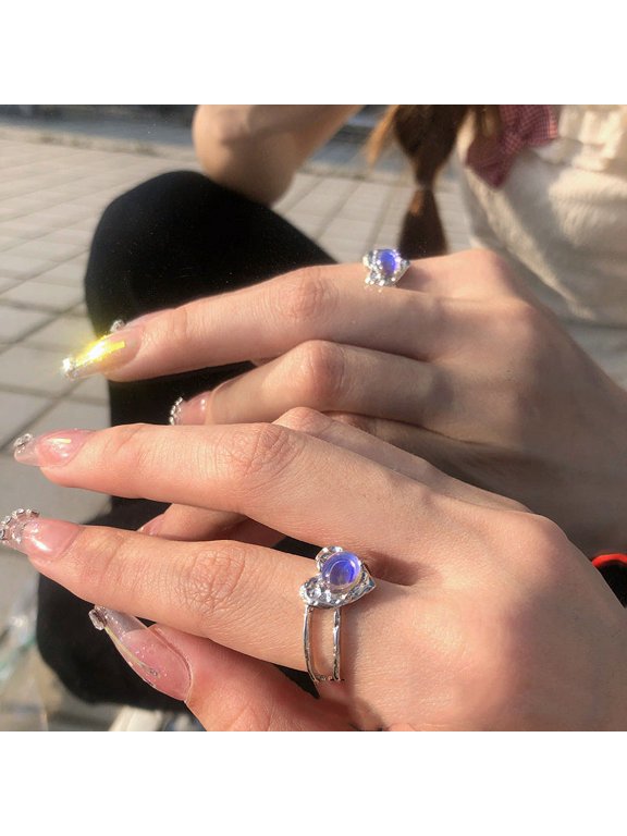 Copper Heart Ring Adjustable Moonstone Aurora Love Purple Diamond Accents Cold Light Design Jewelry Ring For Women