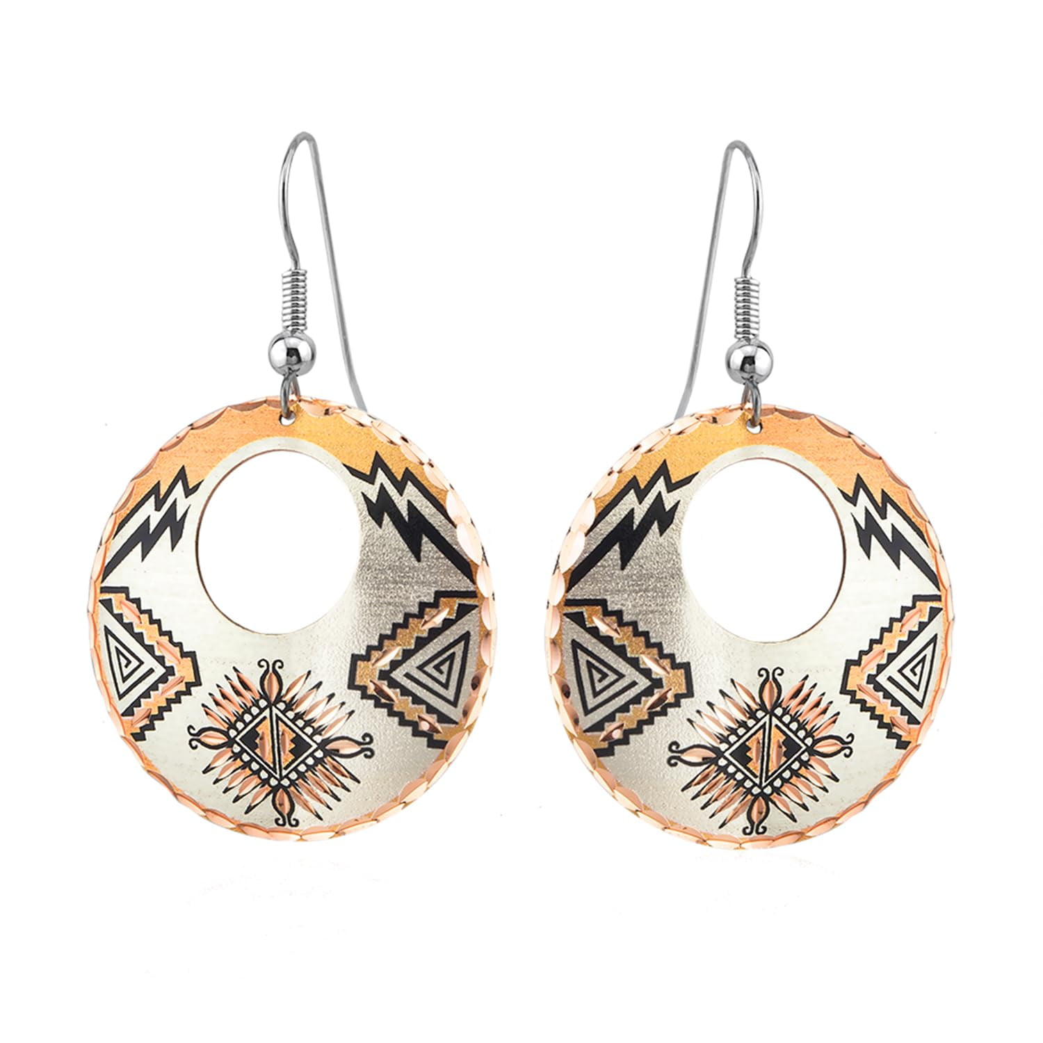 Copper Hoop Earrings featuring designs such as Wolves, Eagle, Bears, Cat, Dolphin, Horse, Inukshuk, Chief, Skull, Butterflies, Dragonflies, Kandinsky, Zuni, Sunburst, and Turtle (SunburstHoop)