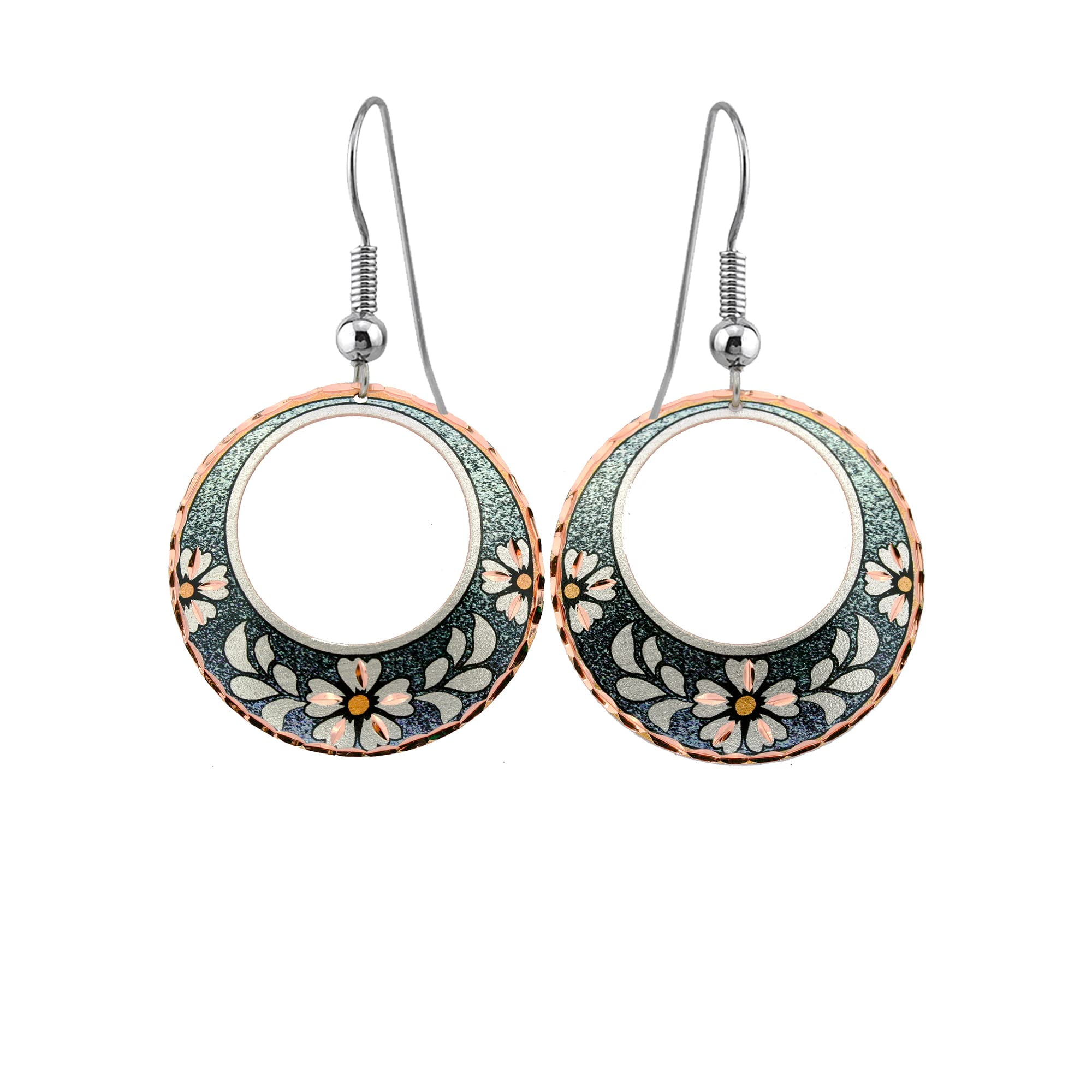 Copper Hoop Earrings featuring designs such as Wolves, Eagle, Bears, Cat, Dolphin, Horse, Inukshuk, Chief, Skull, Butterflies, Dragonflies, Kandinsky, Zuni, Sunburst, and Turtle (DaisyGreen)