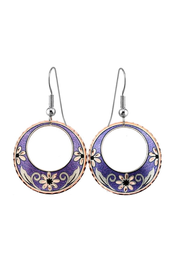 Purple Flower Hoop Earrings for Women, Lavender Backdrop, Artisan Copper Hoops, Lavender Outfit Matching Accessories, Gift for Her (DaisyLavender)